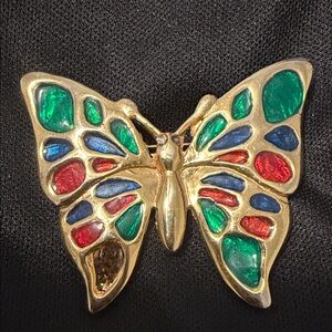 Gold-tone Multicolor Butterfly Brooch - Red, Green, Blue